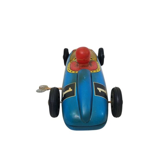Vintage 1955 Tin Lithographed Wind-Up Indy Race Car #1 Toy Driver Blue Red WORKS - Picture 3 of 7
